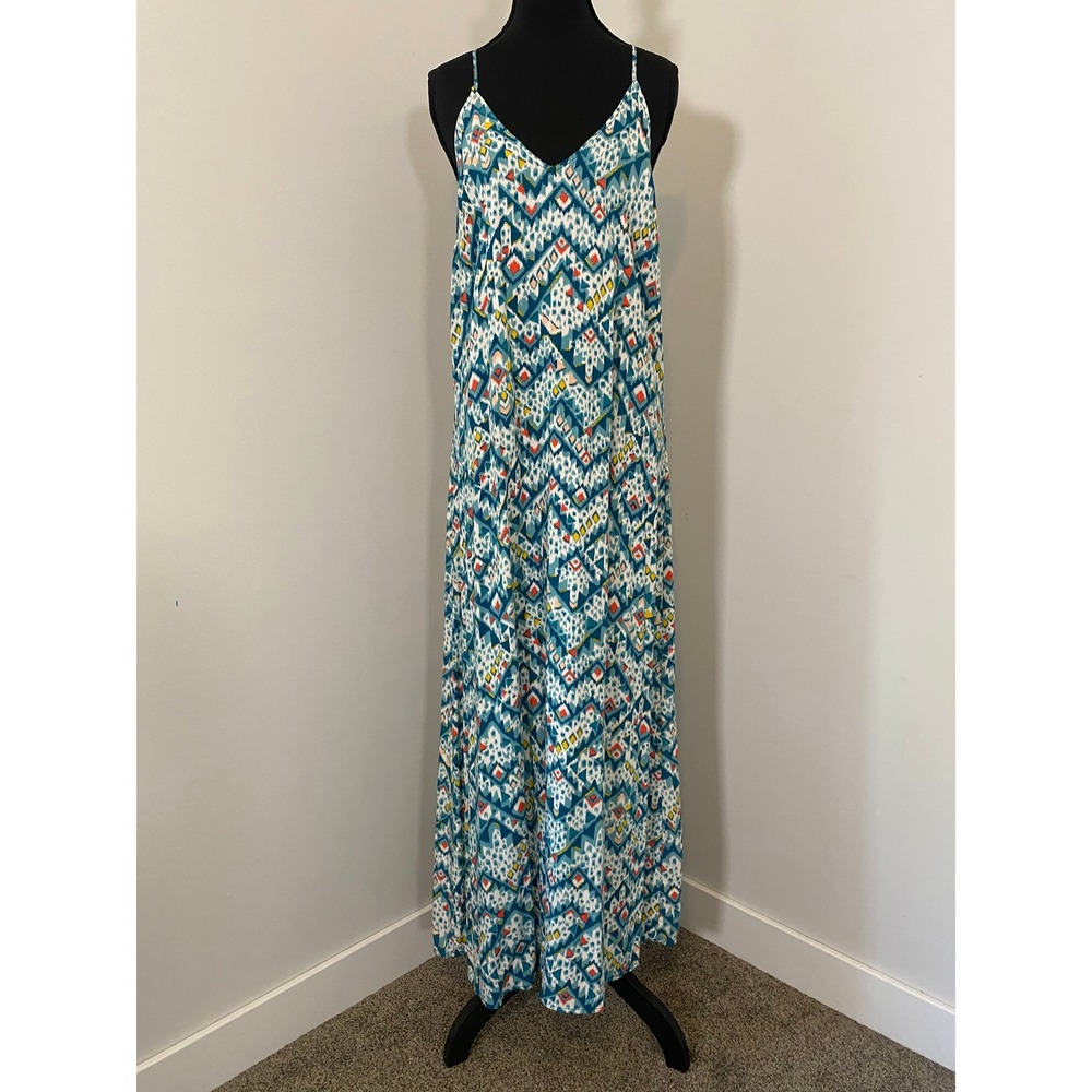 Old Navy Maxi Dress Sz L Teal‎ Ikat Geometric Boho V-Neck Crossback Rayon Tribal